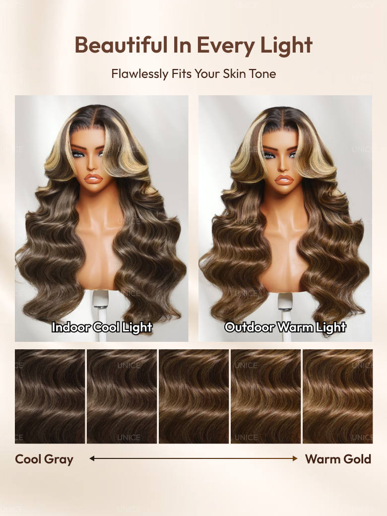 13x4 Bye Bye Slip? Lace Frontal Honey Brown Loose Wave Drawstring Wig with Golden Blonde Face Framing Layers