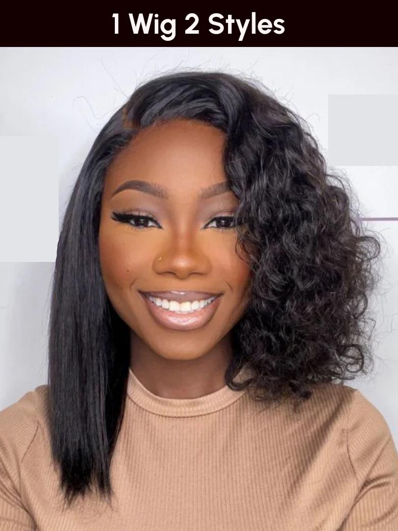 Magic Dry Straight & Wet Curly Wig 2 Styles in 1 V Part Curly Human Hair Black Wig