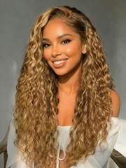 13x4 Pre-Everything? Lace Frontal Caramel Brown With Honey Blonde Highlights Water Wave Glueless Drawstring Wig