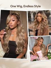 Ash Blonde With Brown Roots No Slip 13x4 Pre-Everything? Lace Frontal Body Wave Wig with Invisi Drawstring