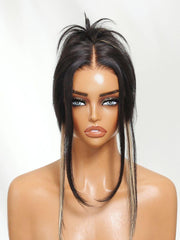 Bye-Bye Knots? 7x5 Lace Black with Blonde Peekaboo Highlights Layered Straight Wigs with Invisi Drawstring
