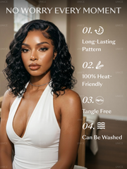 black wavy bob human hair wig with a pre-cut 6x4 lace closure for an easy, seamless glueless install.