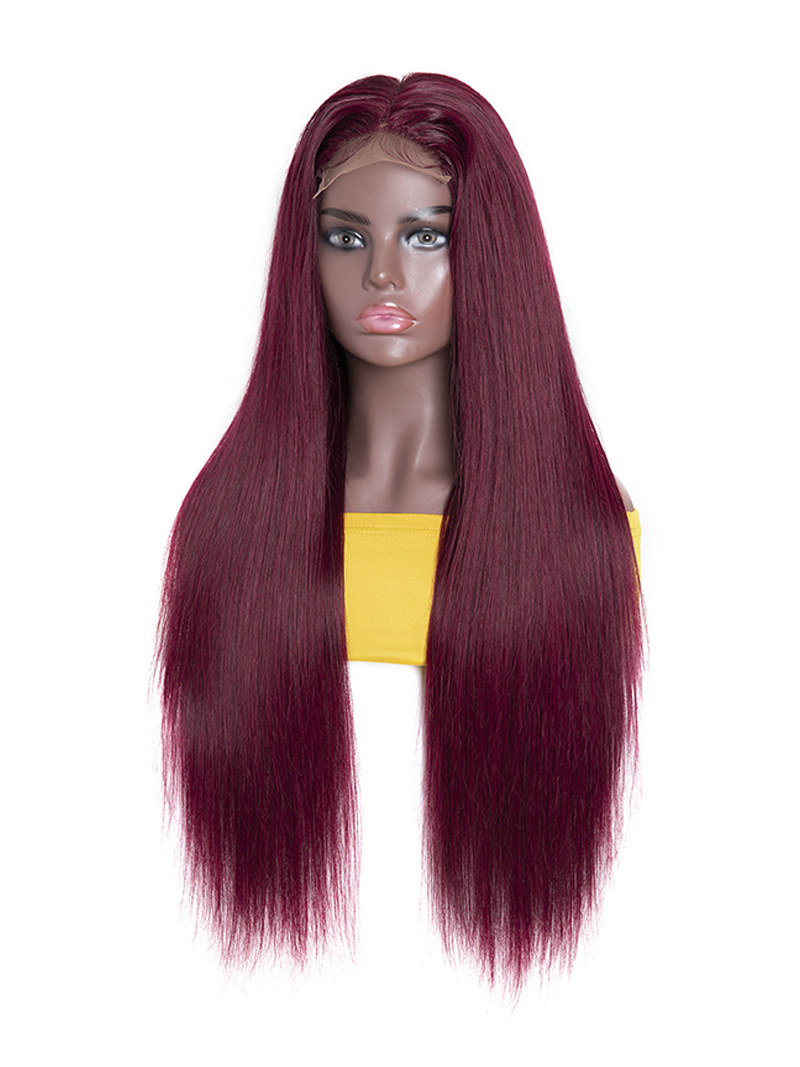 99J Straight Lace Part Human Hair Wigs Pre Plucked Burgundy Hand Tied Natural Hairline 150% Density Flash Sale