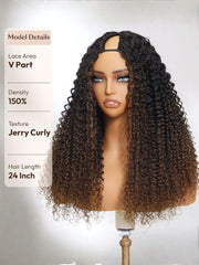 EasiContour? V Part Black to Chestnut Brown Jerry Curly Drawstring Wig & 7x5 Bye Bye Slip? Glueless Lace Burmese Curly With Finger Coil Ends Wig