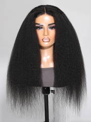 24" Put On And Go Pre Cut Lace 4x4 Closure Kinky Straight 180% Density Black Quick & Easy Glueless Air Wig