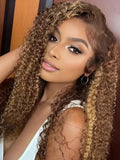 Petaluxe [22"=$99] 13x4 Lace Front Ombre Honey Blonde Money Piece Highlight Lace Wigs Curly Human Hair Wigs