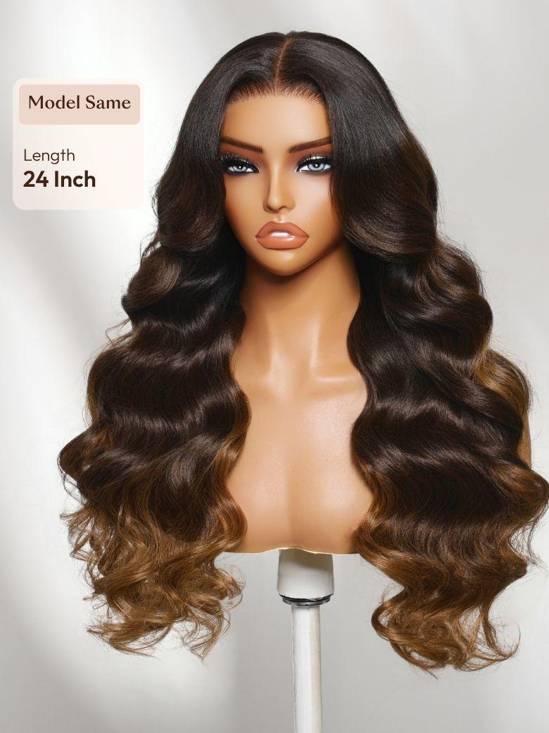 13x4 Bye Bye Slip? Lace Frontal Dark to Brown Ombre with Caramel Blonde Ends Yaki Body Wave Glueless Wig