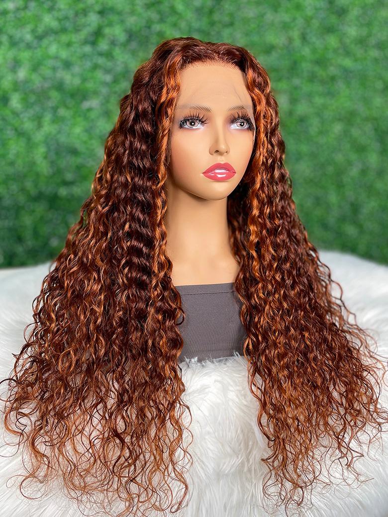 [24"=$149] 13x4 Lace Front Ginger Brown Highlighted Water Wave 150% Density Wig