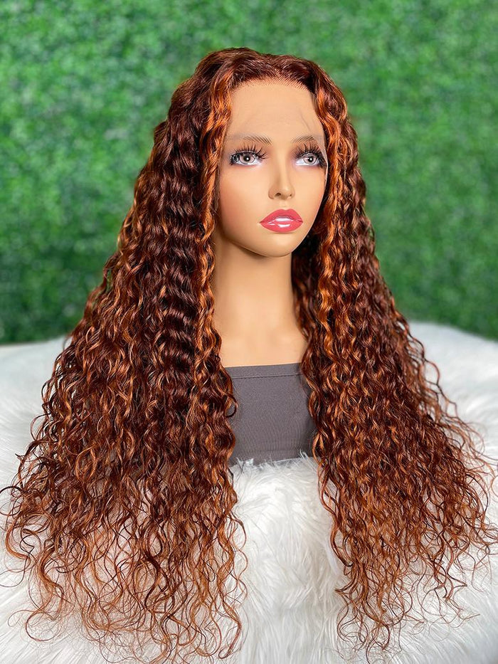 Petaluxe [24"=$149] 13x4 Lace Front Ginger Brown Highlighted Water Wave 150% Density Wig