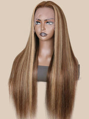 Straight Honey Blonde Highlight Lace Wigs Virgin Human Hair Wigs Pre Plucked With Baby Hair