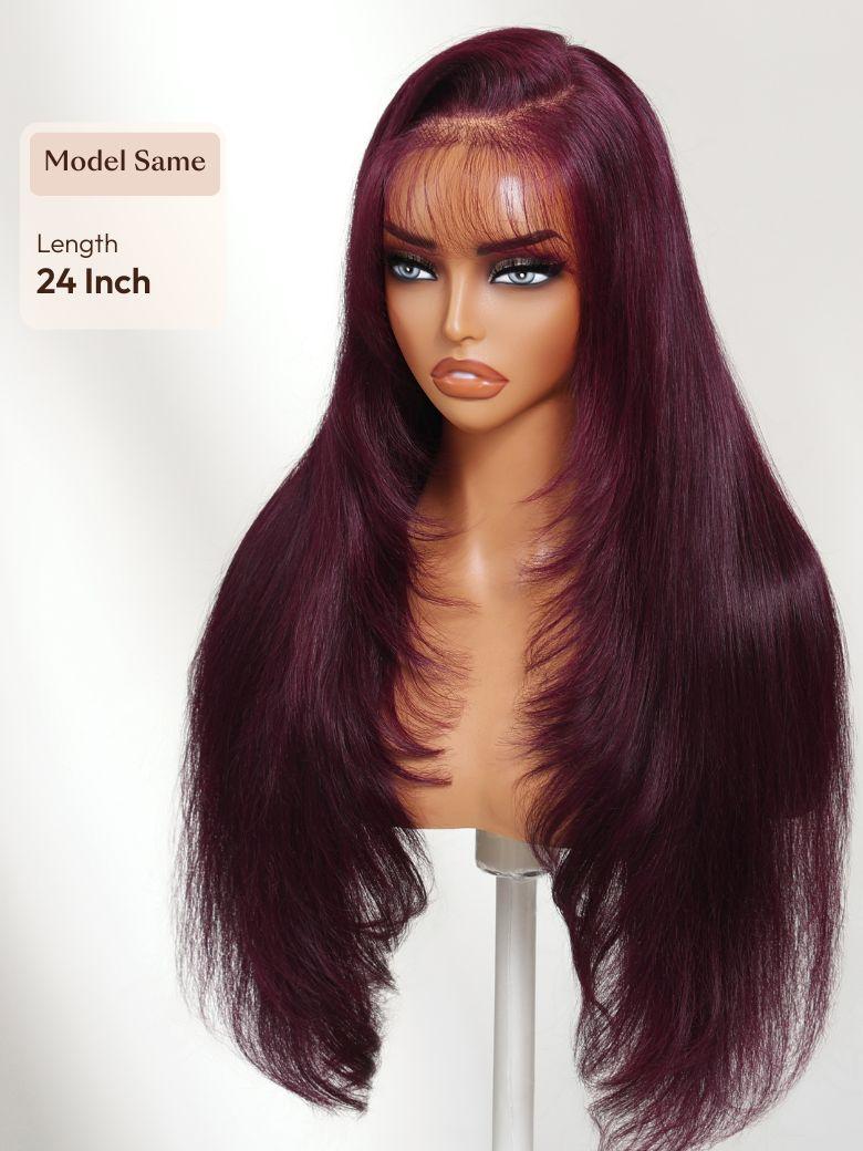7x5 Bye-Bye Knots? & 13x4 Pre-Everything? Lace Frontal Purple Black Cherry Layered Straight & Loose Wave With Invisi Drawstring Wig