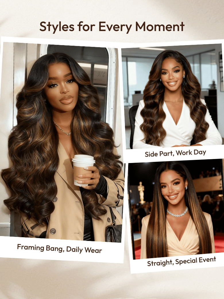 7x5 Bye Bye Knots? Wig Glueless Lace Balayage Highlight Body Wave Drawstring & With Bangs Wig