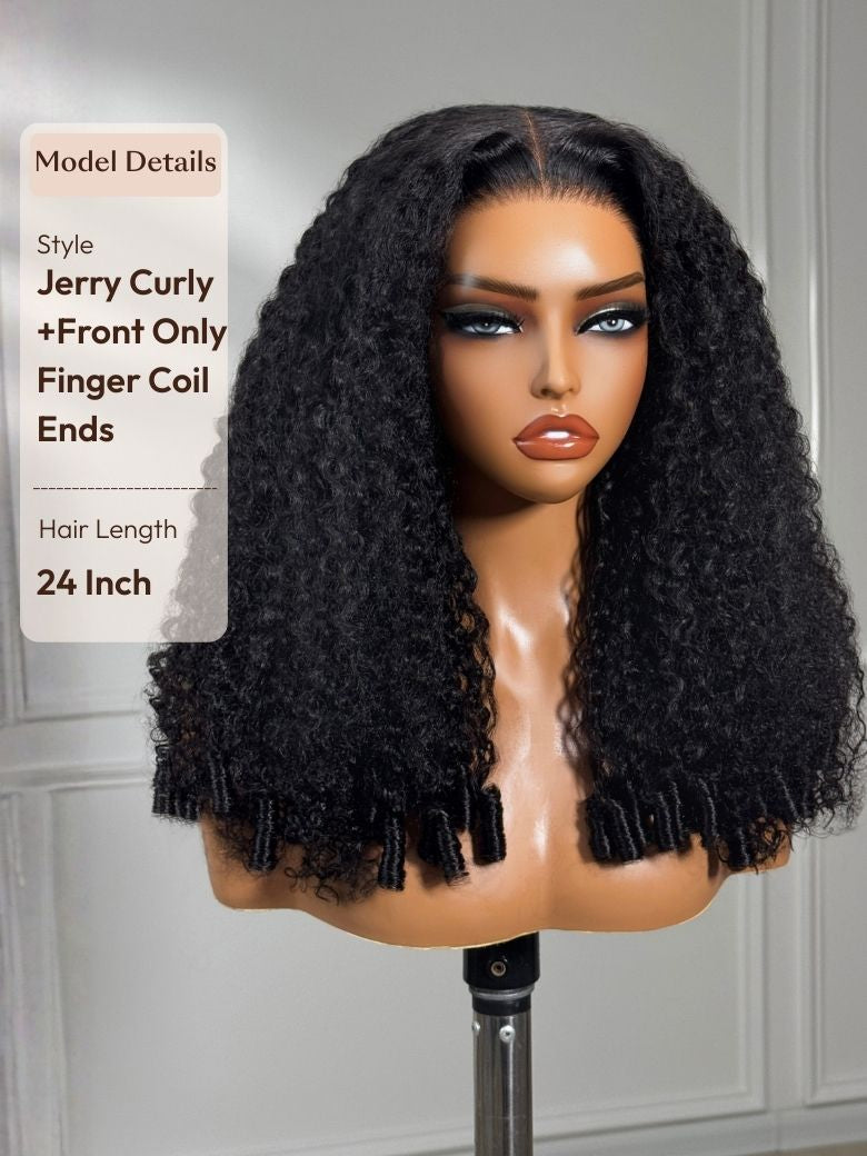 7x5 Lace Bye Bye Slip? Natural Black Afro Kinky Curly with Finger Coil Ends Drawstring Wig 180% Density
