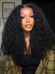 [22"=$98] Kinky Curly Super Bouncy Middle Lace Part Natural Black Human Hair Wigs