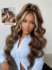 13x4 Pre-Everything? Lace Frontal Honey Brown Loose Wave Drawstring Wig with Golden Blonde Face Framing Layers