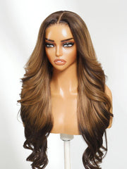 13x4 Pre-Everything? Lace Frontal Brown Balayage Loose Wave Glueless Drawstring Wig with Layered Curtain Bangs