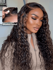 Bye-Bye Knots 7x5 Lace Water Wave Black Wig With Golden Brown Highlights