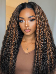 Bye-Bye Knots? 7x5 Lace Black with Caramel Piano Highlights Water Wave Wig With Invisi Drawstring 150% Density