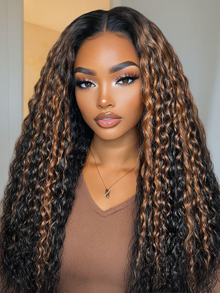 Petaluxe [24"=$109] Bye-Bye Knots? 7x5 Lace Black with Caramel Piano Highlights Water Wave Wig With Invisi Drawstring 150% Density