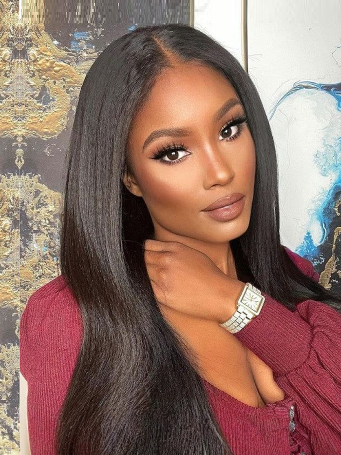 Petaluxe Kinky Straight Human Hair Pre Plucked Lace Wig Natural Wig 150% Density