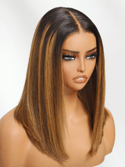 Bye-Bye Knots 7x5 Lace Brown With Blonde Piano Highlights Blunt Bob Wig with Dark Roots