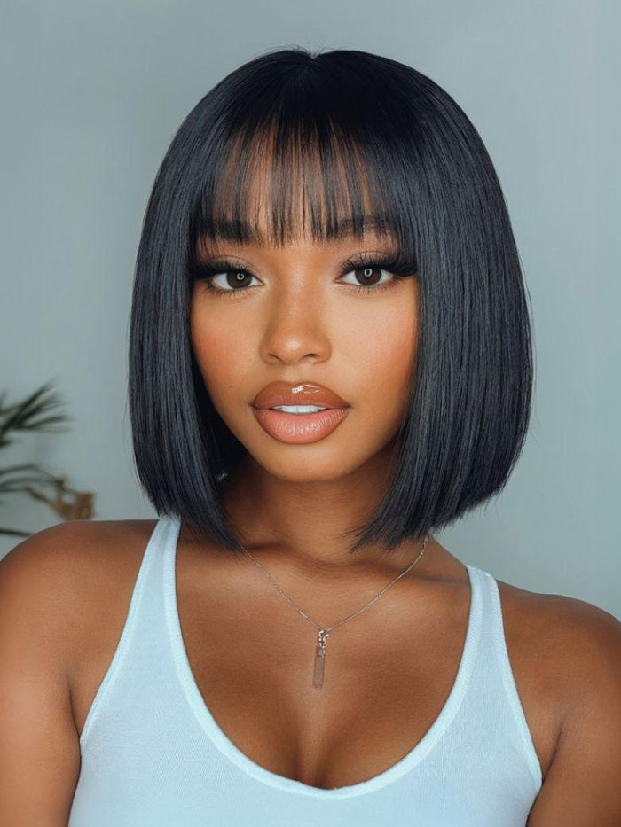 Petaluxe Straight Bob Glueless Wig Black Wig Human Hair with Blunt Bangs
