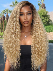 13x4 Bye Bye Slip? Lace Frontal Brown with Caramel Highlights Glueless Curly Wig with Dark Roots