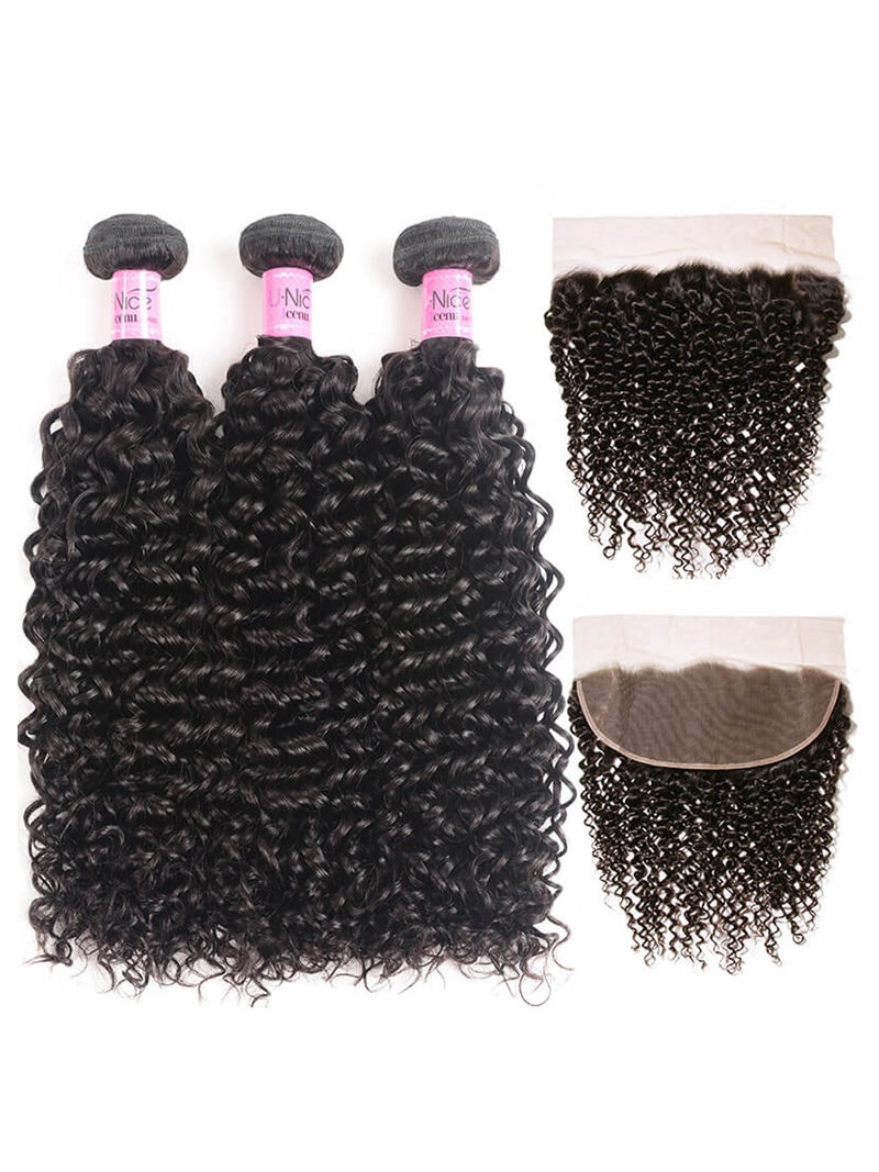 Hair 3 pcs Jerry Curly Bundles With 13x4 Lace Frontal