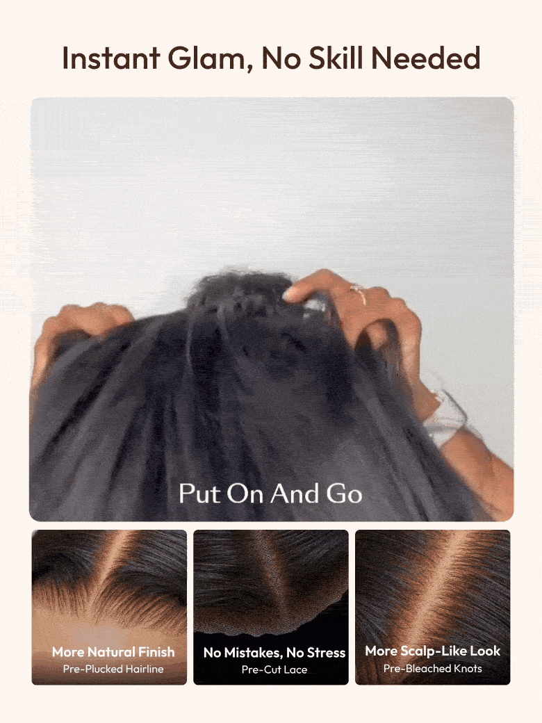 glueless put-on-and-go yaki bob wig diagram highlighting the pre-cut lace, pre-plucked hairline, and bleached knots.