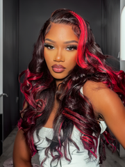 13x4 Transparent Lace Front Dark Burgundy With Rose Red Highlights Loose Wave Wig