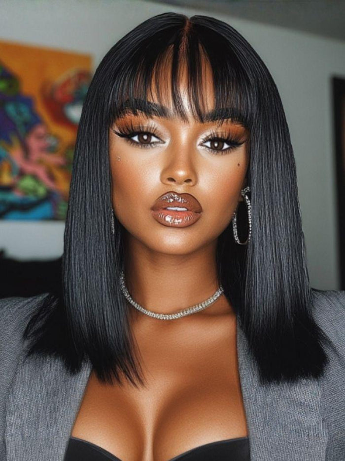 Petaluxe Glueless Straight Bob Wig Black Wig 100% Human Hair with Blunt Bangs