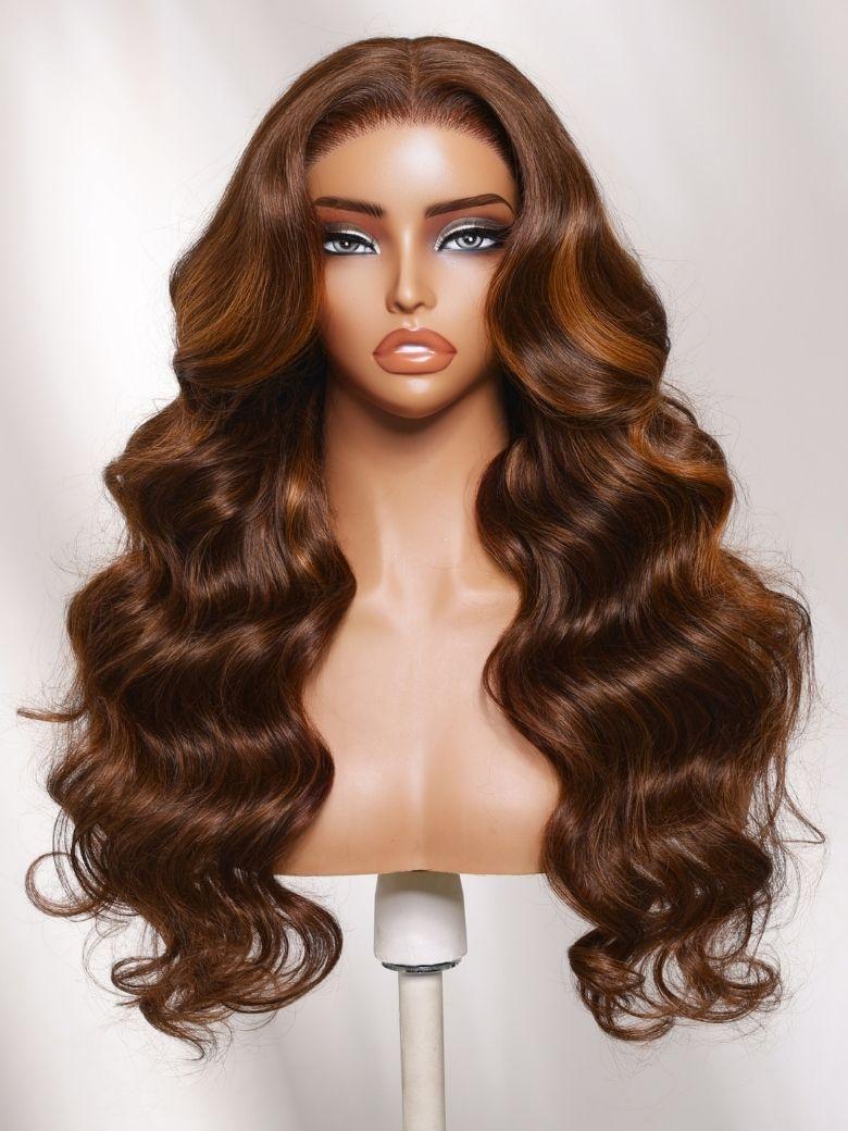 7x5 Bye Bye Slip? Lace Auburn Brown with Copper Highlights Body Wave Drawstring Wig