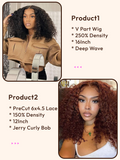 Petaluxe 2 Wigs $178 for 250% Density V Part Deep Wave 16Inch and PreCut 6x4.5 Lace Reddish Brown Curly Bob 12Inch