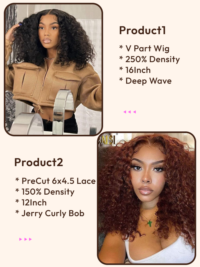 Petaluxe 2 Wigs $178 for 250% Density V Part Deep Wave 16Inch and PreCut 6x4.5 Lace Reddish Brown Curly Bob 12Inch