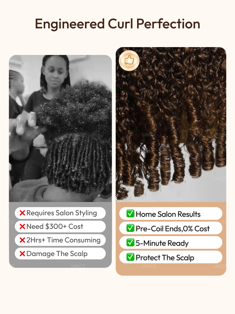 100% Human Hair Glueless Curly Wig With Defined Finger Coil Ends Bye-Bye Knots? 7x5 Lace Black to Chestnut Brown Ombre Drawstring Wig