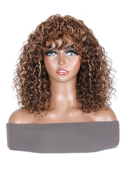 Highlight Brown Glueless Deep Wave Honey Blonde Wig with Bangs