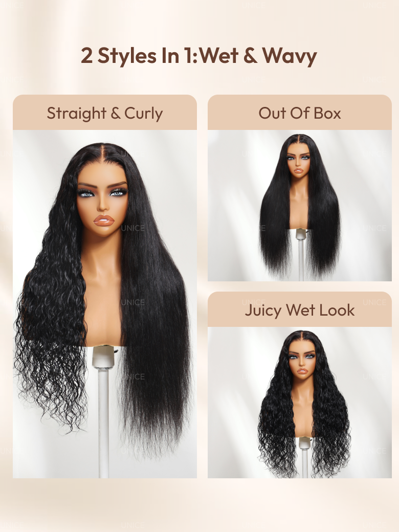 2-in-1 wet and wavy human hair bye bye slip wig: comparison of straight out of box and juicy wet look styles.