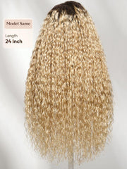 13x4 Bye Bye Slip? Lace Frontal Light Blonde With Dark Roots Glueless Water Wave Side Part Wig with Invisi Drawstring