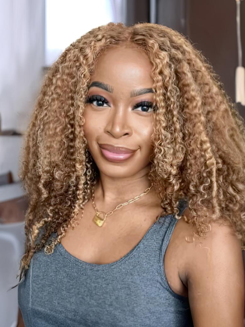 [22"=$109] Honey Blonde Balayage Jerry Curly 4x4 Lace Wig 150% Density Human Hair Wigs Friday Deal