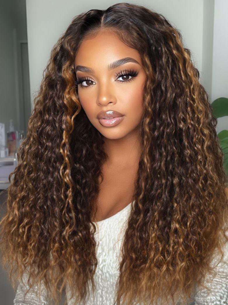 Bye-Bye Knots? 7x5 Lace Dark Toffee Brown with Auburn Highlights Water Wave with Invisi Drawstring Wig