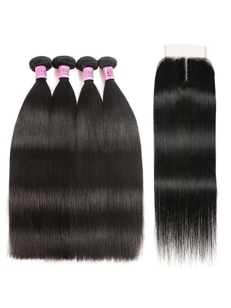 Straight Hair 4 Bundles with T Part Lace Closure Middle Part Closure,Natural Black 100% Virgin Hair