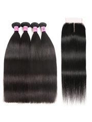 Straight Hair 4 Bundles with T Part Lace Closure Middle Part Closure,Natural Black 100% Virgin Hair