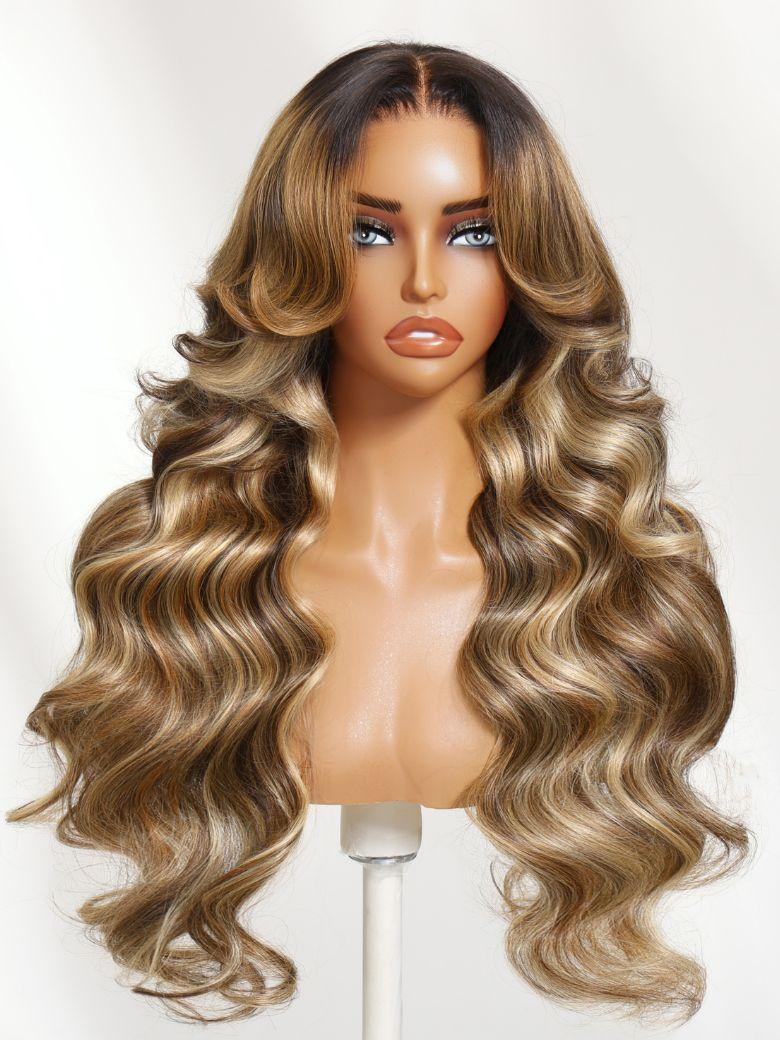 13x4 Bye Bye Slip? Lace Frontal Warm Brown to Honey Blonde Balayage Loose Wave Wig with Face Framing Layers