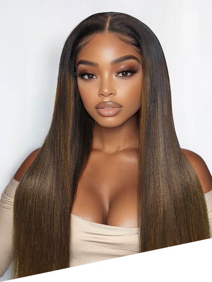 [Best Ombre]Petaluxe Black To Chestnut Brown Ombre 7x5 Bye-Bye Knots Yaki Straight Wig With Invisi Drawstring& Loose Wave
