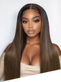 Petaluxe 7x5 Bye-Bye Knots Lace Black to Chestnut Brown Ombre Yaki Straight Wig With Invisi Drawstring & Loose Wave Wig