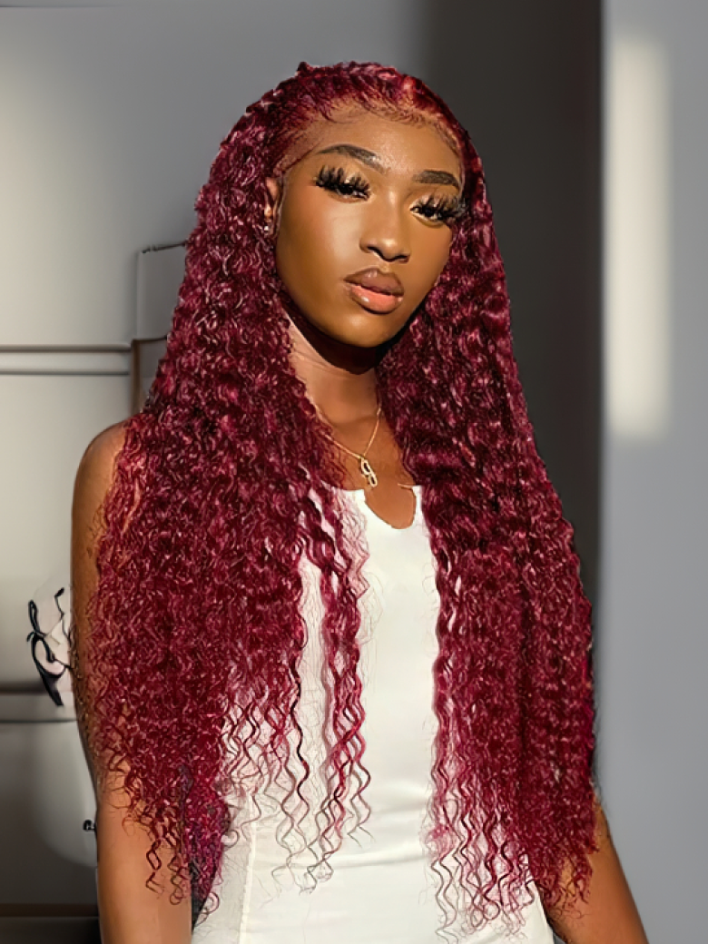 Red Wine Colored 99J Lace Wigs Jerry Curly Wig 4x0.75 / 13x4 Lace