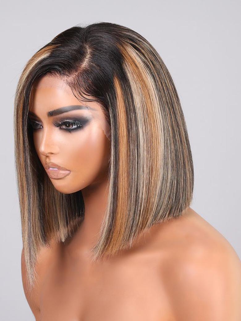 13x4 Lace Front Straight Bob Wig With Brownish Highlights