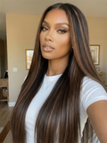 Petaluxe 7x5 Bye Bye Slip? Lace Black with Golden Brown Highlights Yaki Straight Wig with Invisi Drawstring