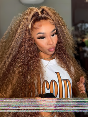 Honey Blonde Sun Kissed Highlights 13x4 Transparent Lace Front Kinky Curly Wig 150% Density