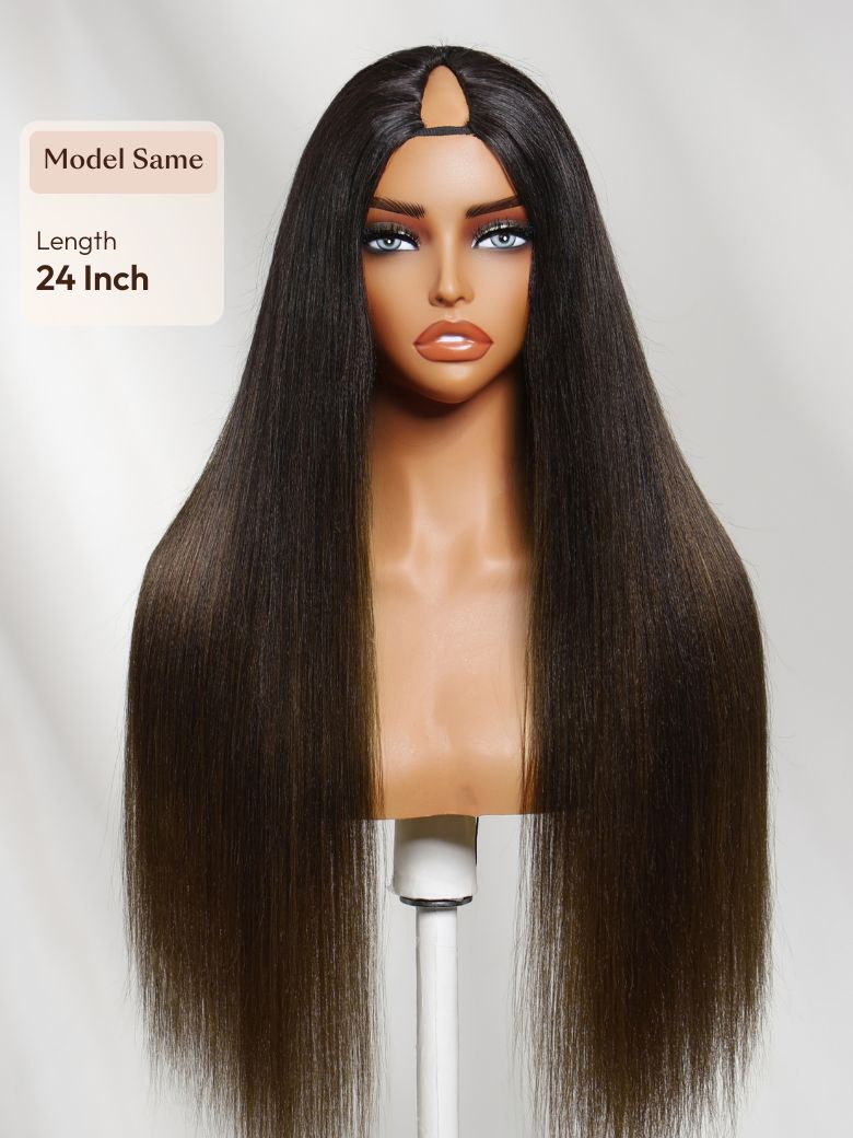 [18"=$99] EasiContour? V Part Glueless Yaki Straight Natural Black Wig With Invisi Drawstring 100% Human Hair 180% Density